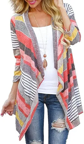 DEARCASE Women's 3/4 Sleeve Cardigans Striped Printed Open Front Draped Kimono Loose Cardigan