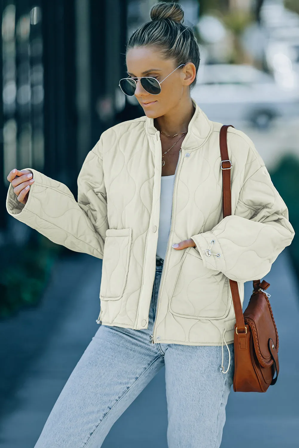 Drawstring Quilted Jacket Cream