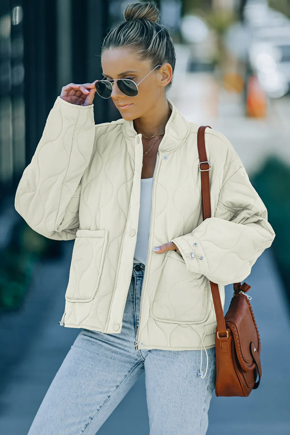 Drawstring Quilted Jacket Cream