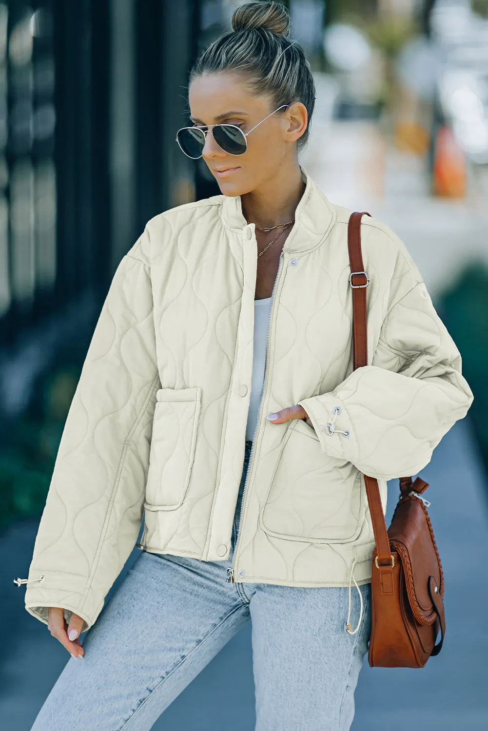 Drawstring Quilted Jacket Cream