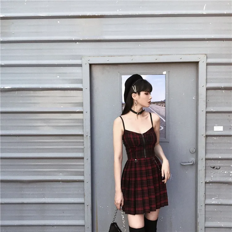 Edgy Plaid Zipper Chain Pleated Slip Dress