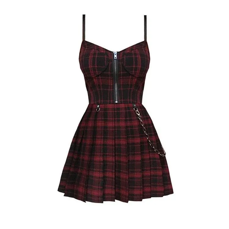 Edgy Plaid Zipper Chain Pleated Slip Dress