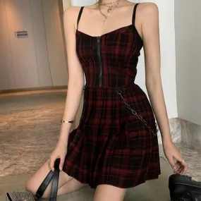 Edgy Plaid Zipper Chain Pleated Slip Dress