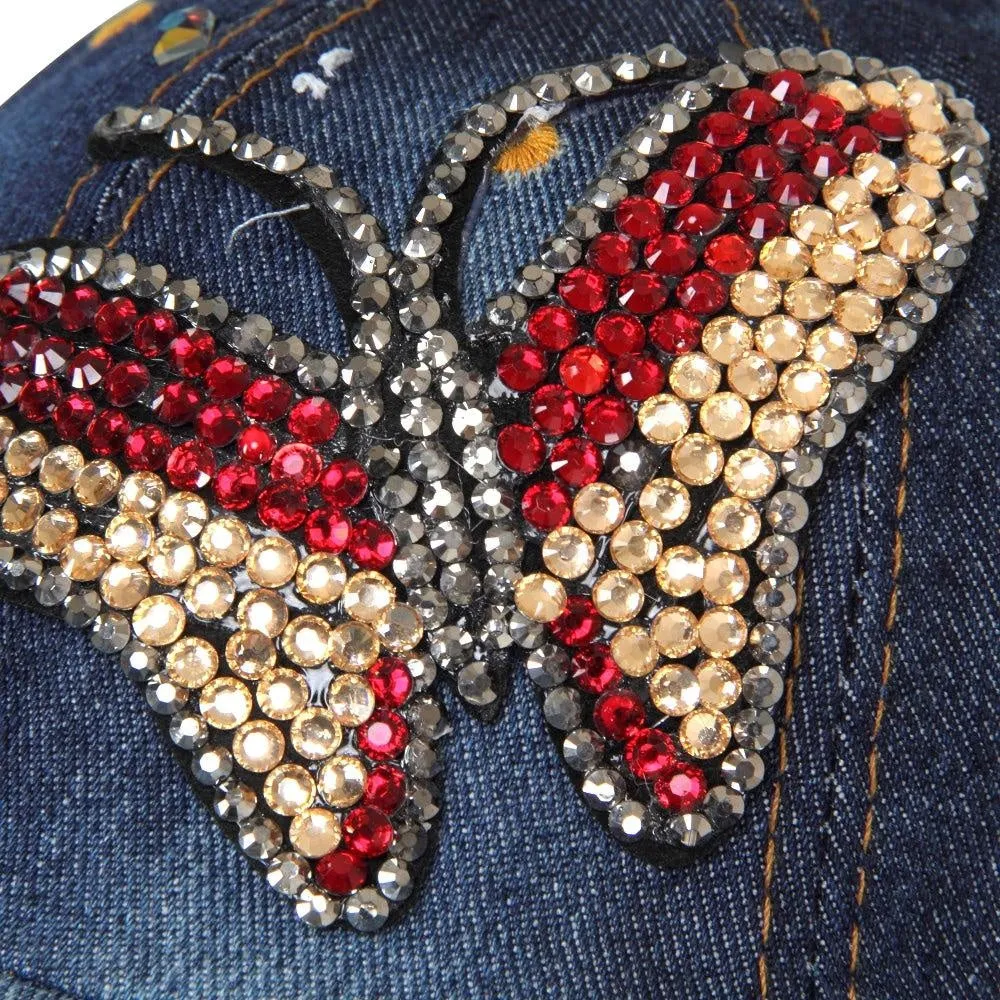 Fabseasons Denim Butterfly Studded Cap for Women and Girls, Adjustable strap