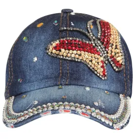 Fabseasons Denim Butterfly Studded Cap for Women and Girls, Adjustable strap