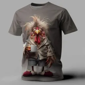 Funny Animal Chicken Print Summer Casual Short Sleeve Tee.