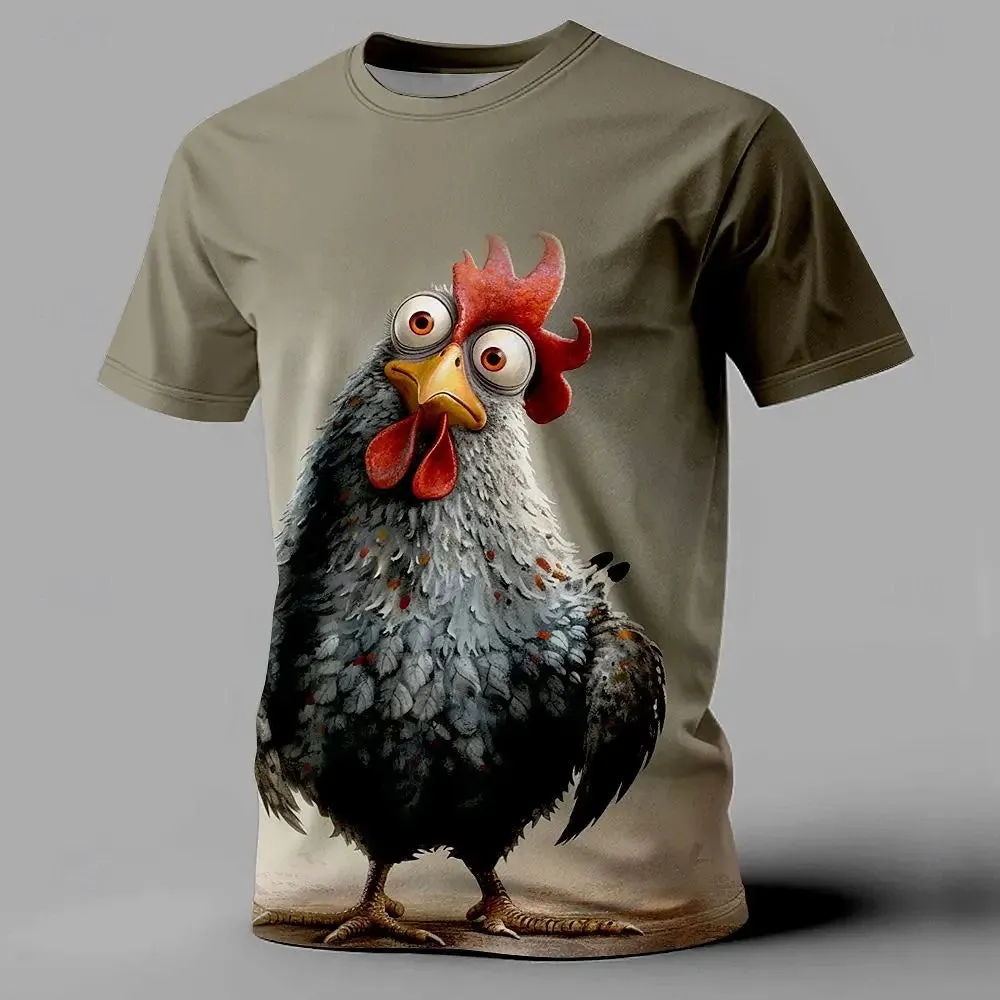 Funny Animal Chicken Print Summer Casual Short Sleeve Tee.