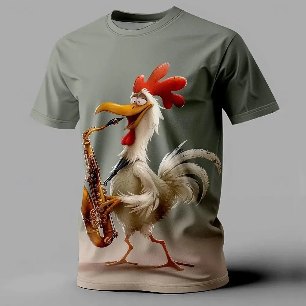 Funny Animal Chicken Print Summer Casual Short Sleeve Tee.