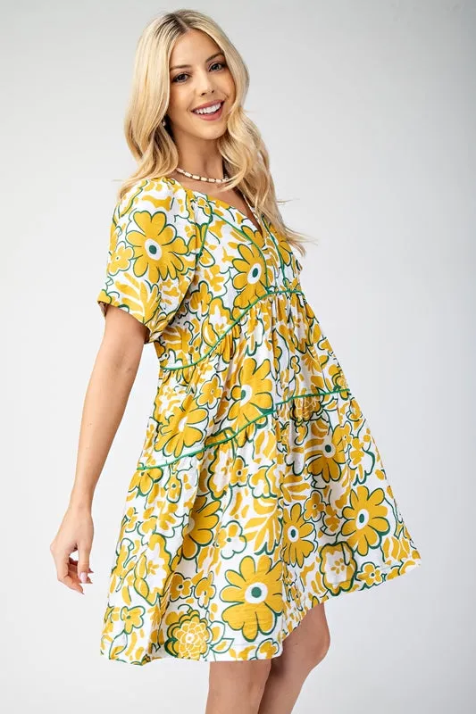 Gigio Short Sleeve Babydoll Dress with Trim - Mustard Green