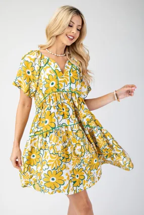 Gigio Short Sleeve Babydoll Dress with Trim - Mustard Green