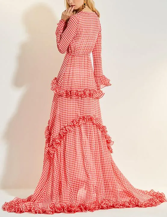 Gingham Ruffled Sheer Maxi Beach Dress