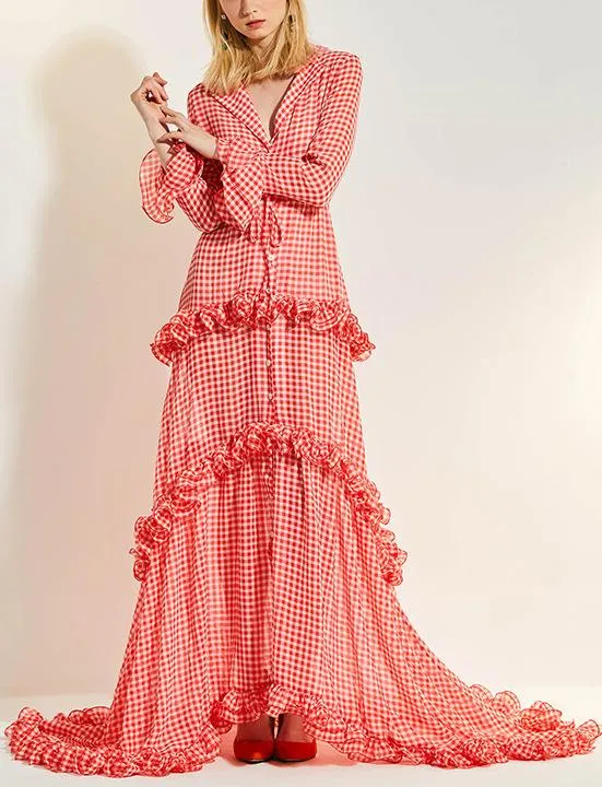 Gingham Ruffled Sheer Maxi Beach Dress