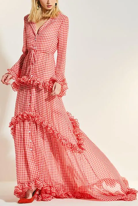 Gingham Ruffled Sheer Maxi Beach Dress