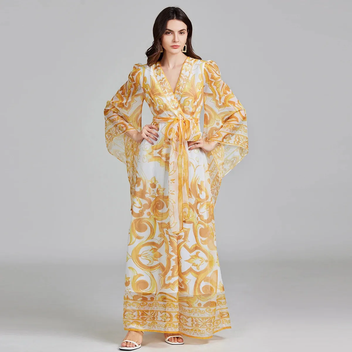 Golden White Porcelain Flower Print Maxi Dress For Women