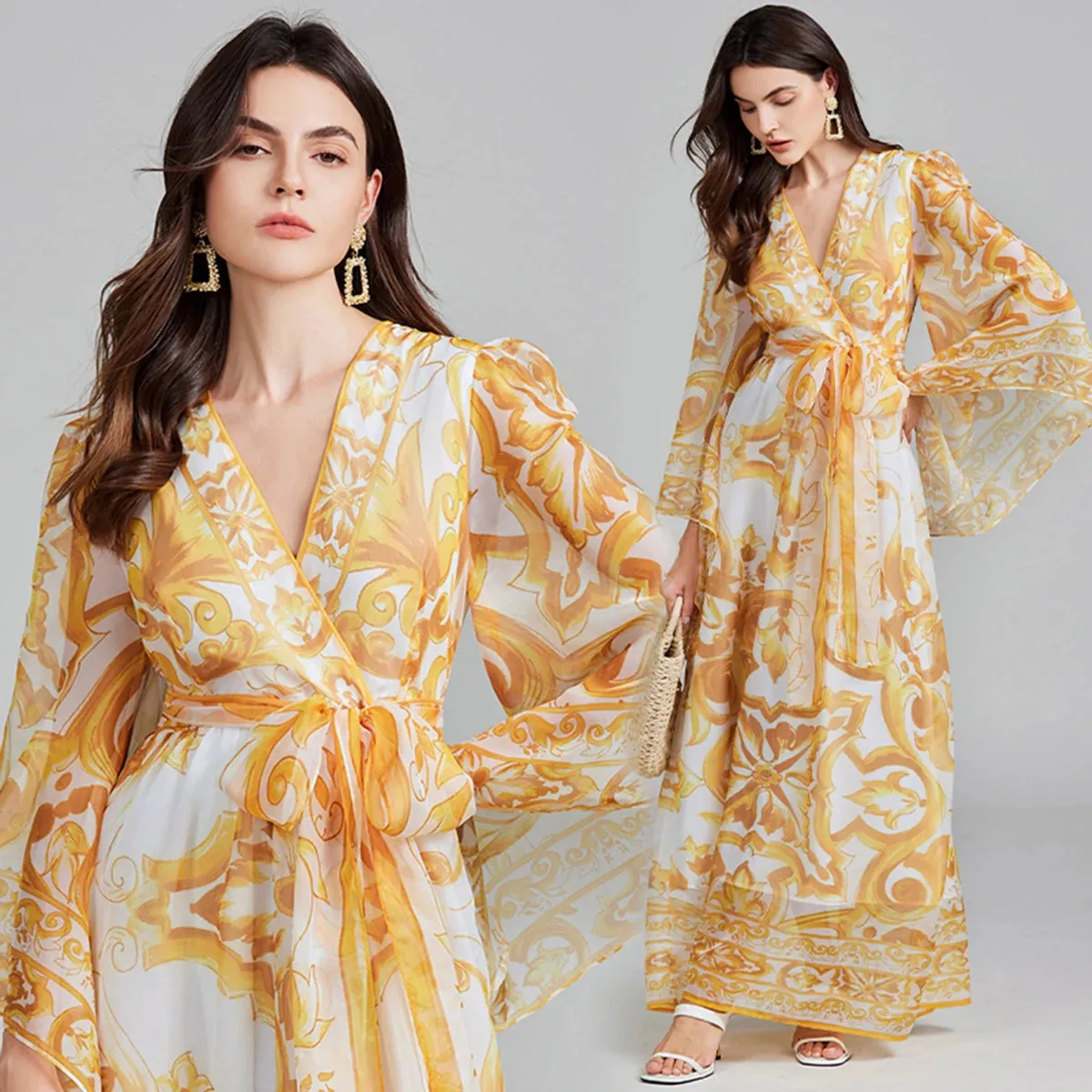 Golden White Porcelain Flower Print Maxi Dress For Women