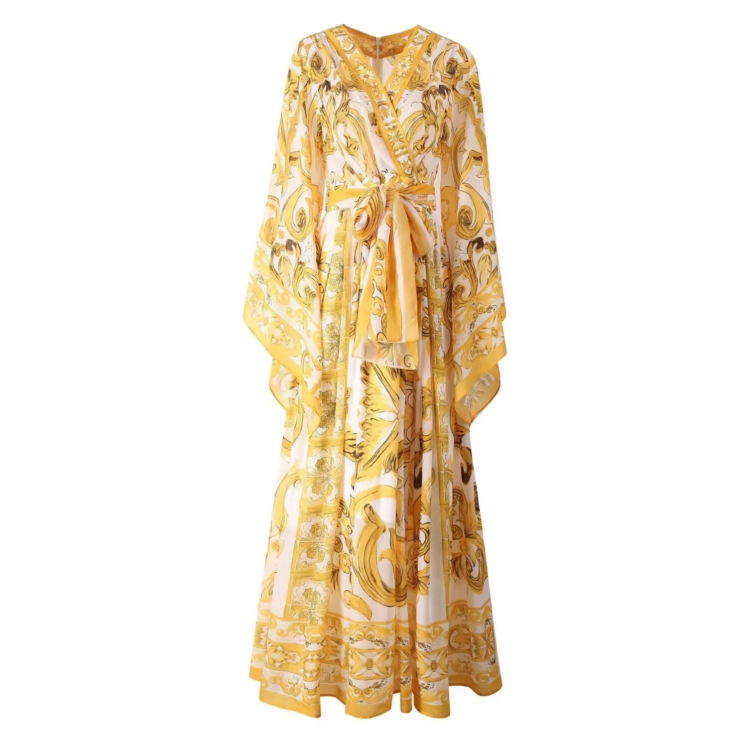 Golden White Porcelain Flower Print Maxi Dress For Women