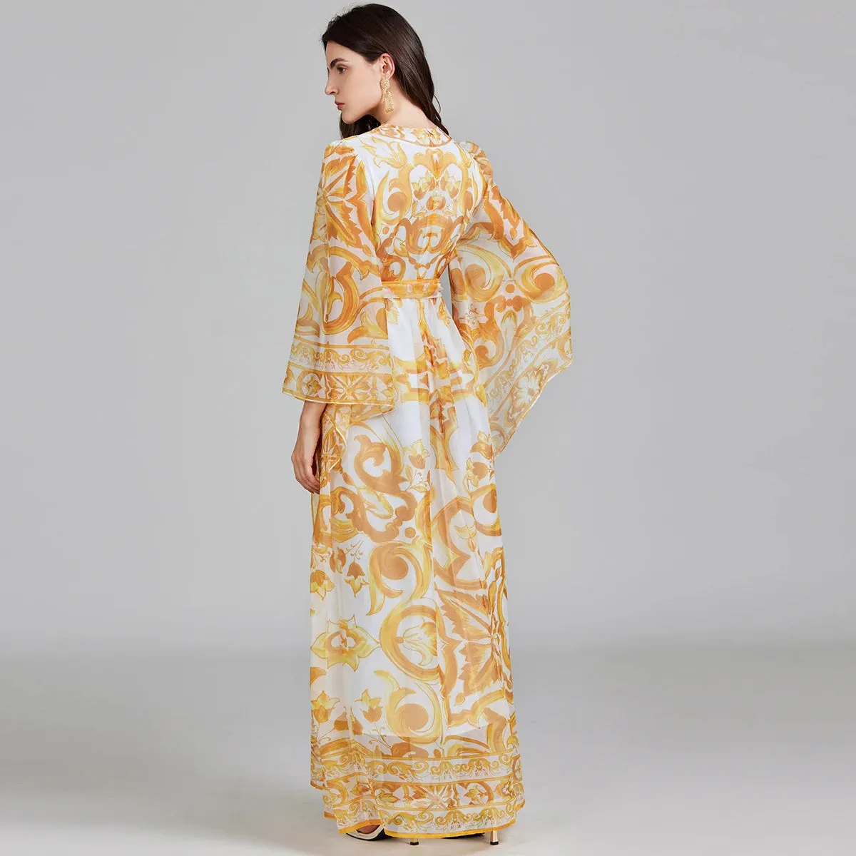 Golden White Porcelain Flower Print Maxi Dress For Women