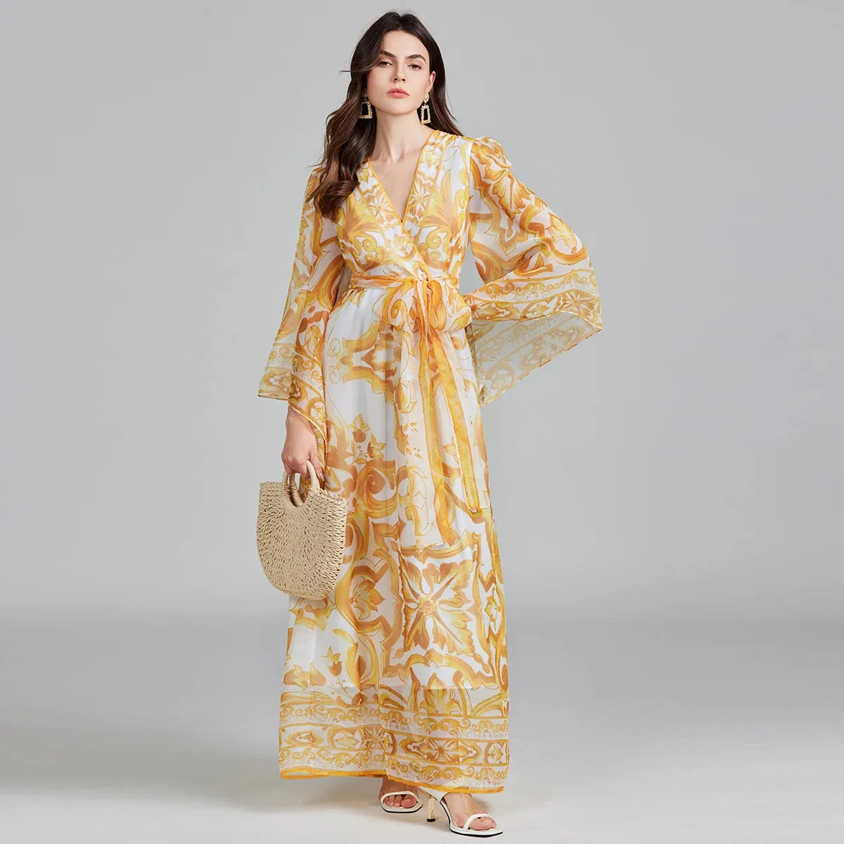 Golden White Porcelain Flower Print Maxi Dress For Women