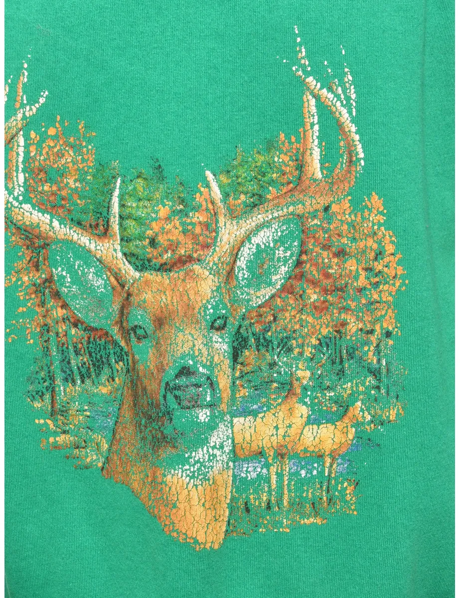 Green Reindeer Print Christmas Sweatshirt - L