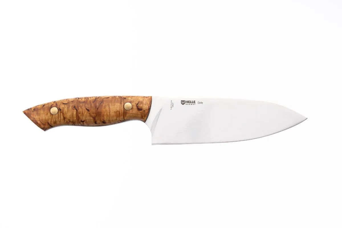 Helle-Dele 12c27 Steel Blade, Curly Birch Handle, Leather Sheath