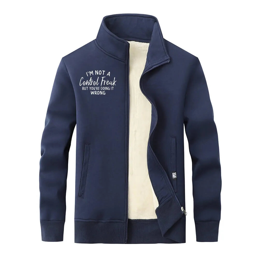 I’m Not A Control Freak Stand Collar Zip Fleece Sherpa Cardigan