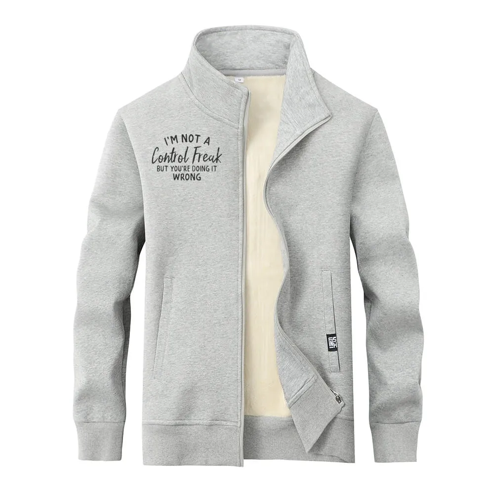 I’m Not A Control Freak Stand Collar Zip Fleece Sherpa Cardigan