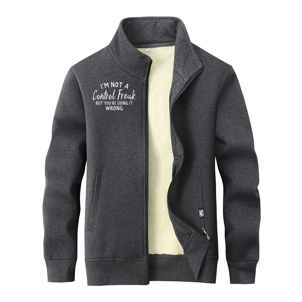 I’m Not A Control Freak Stand Collar Zip Fleece Sherpa Cardigan