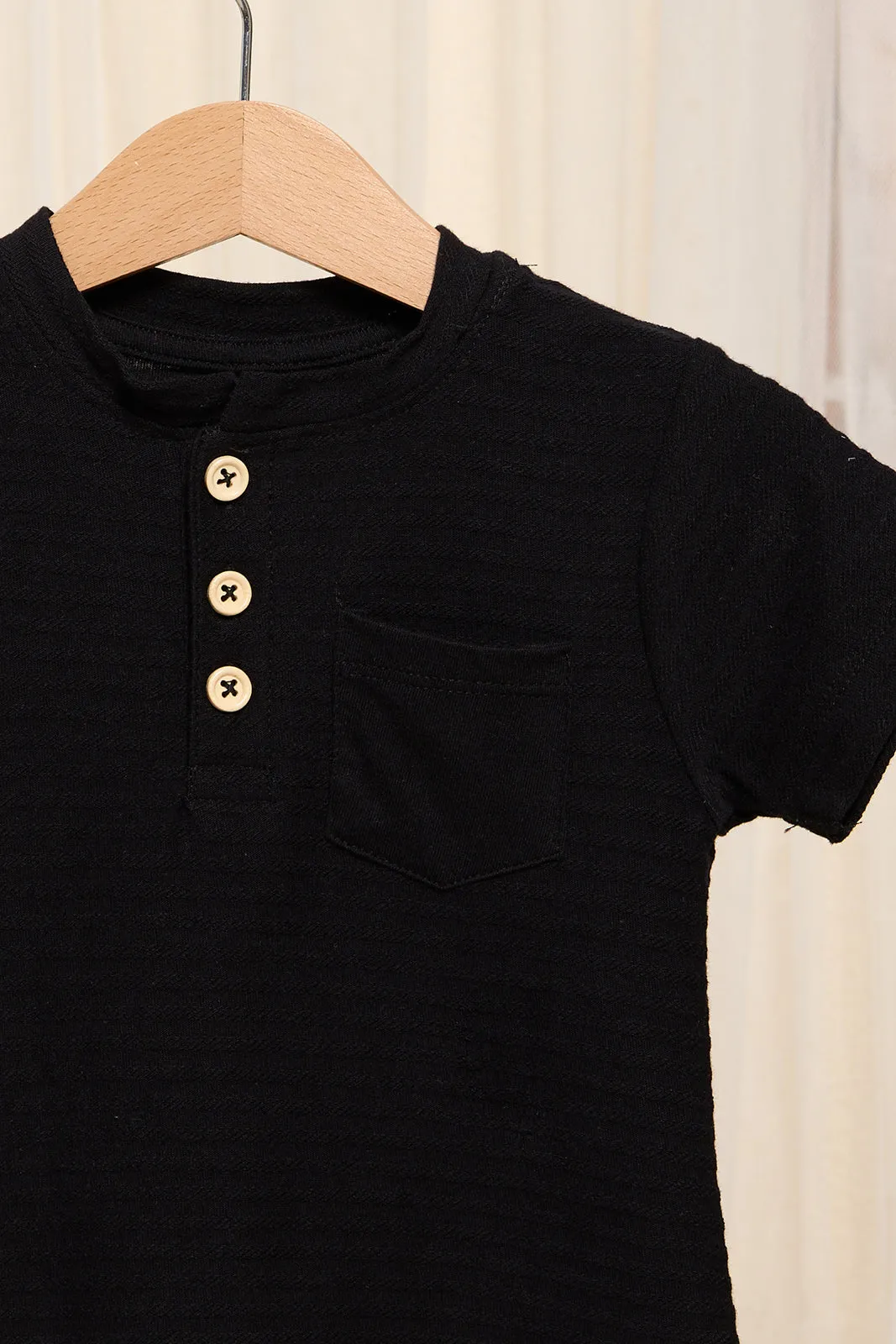 Infant Boys Black Jacquard Henley T-Shirt