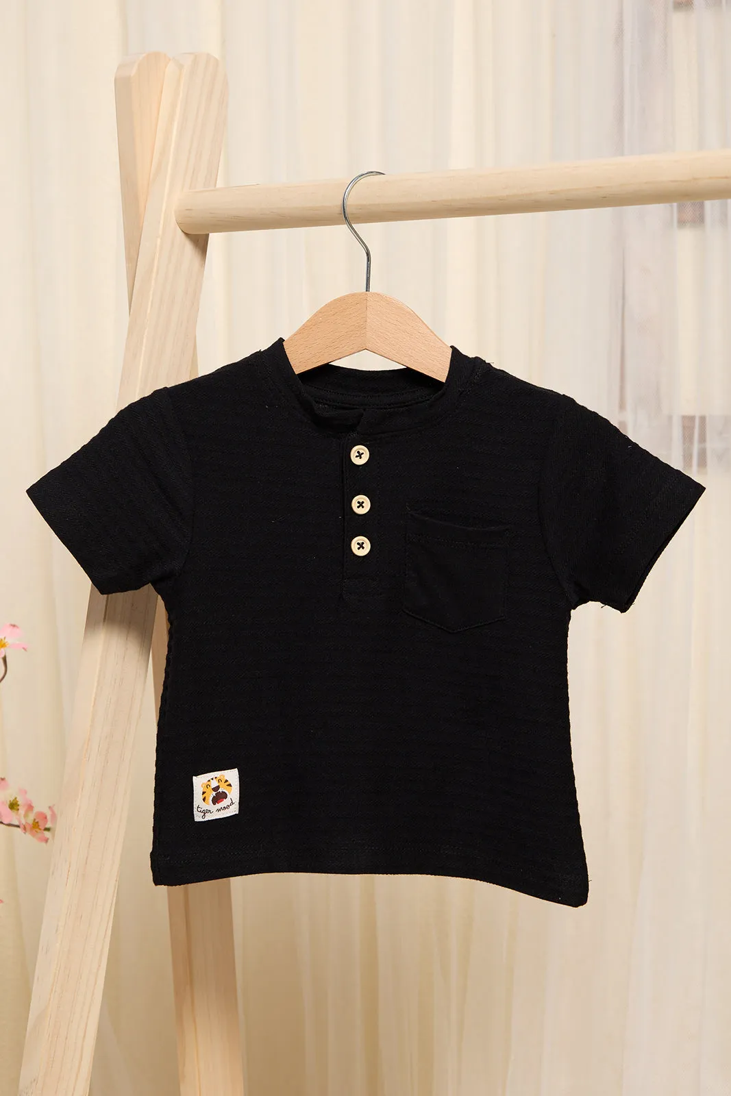 Infant Boys Black Jacquard Henley T-Shirt