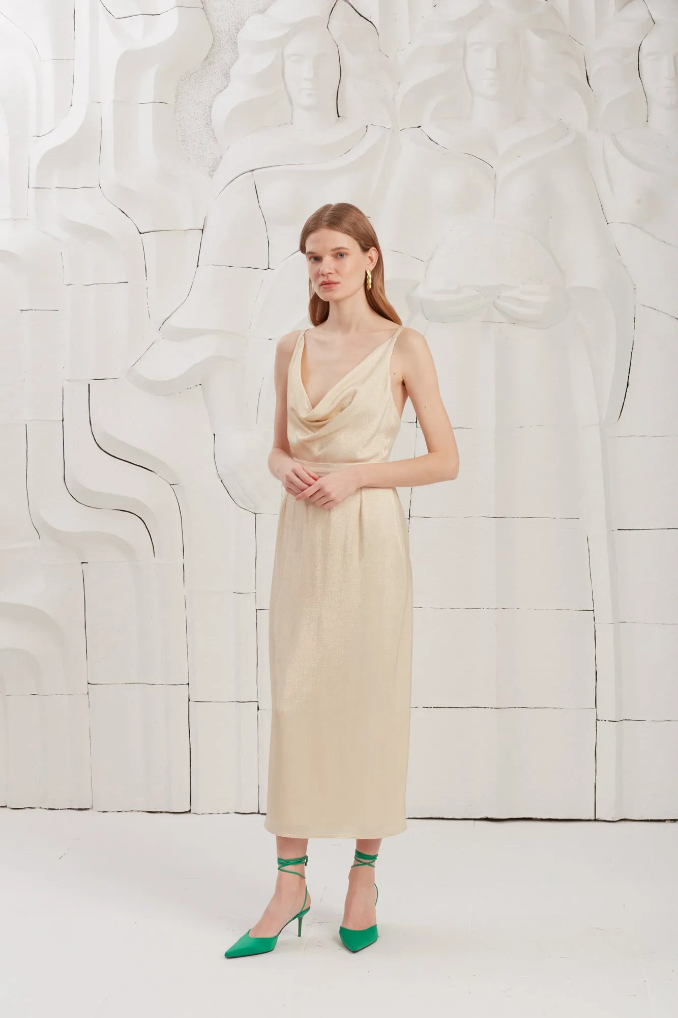 KAMEA beige gold open back midi dress