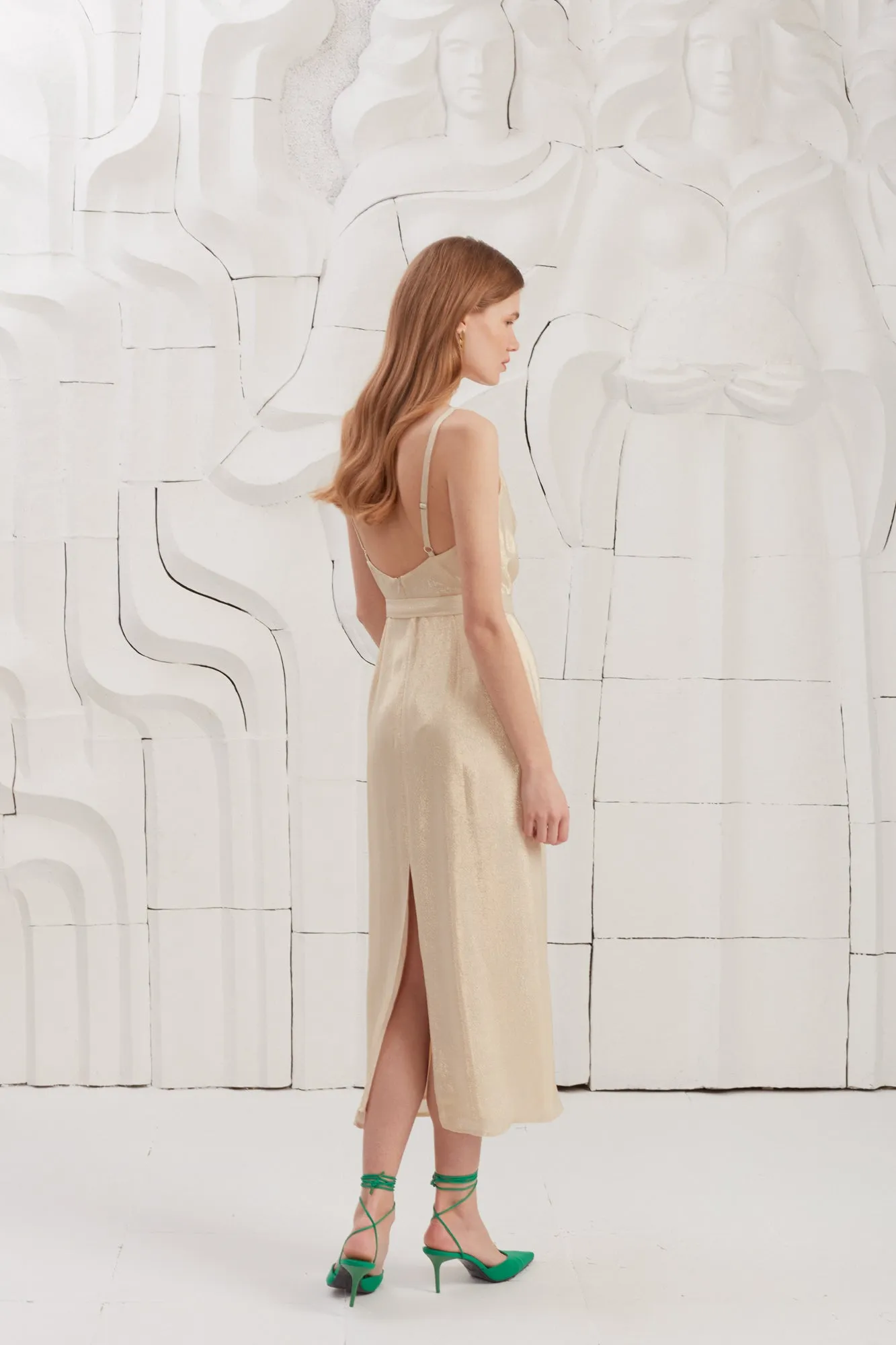 KAMEA beige gold open back midi dress