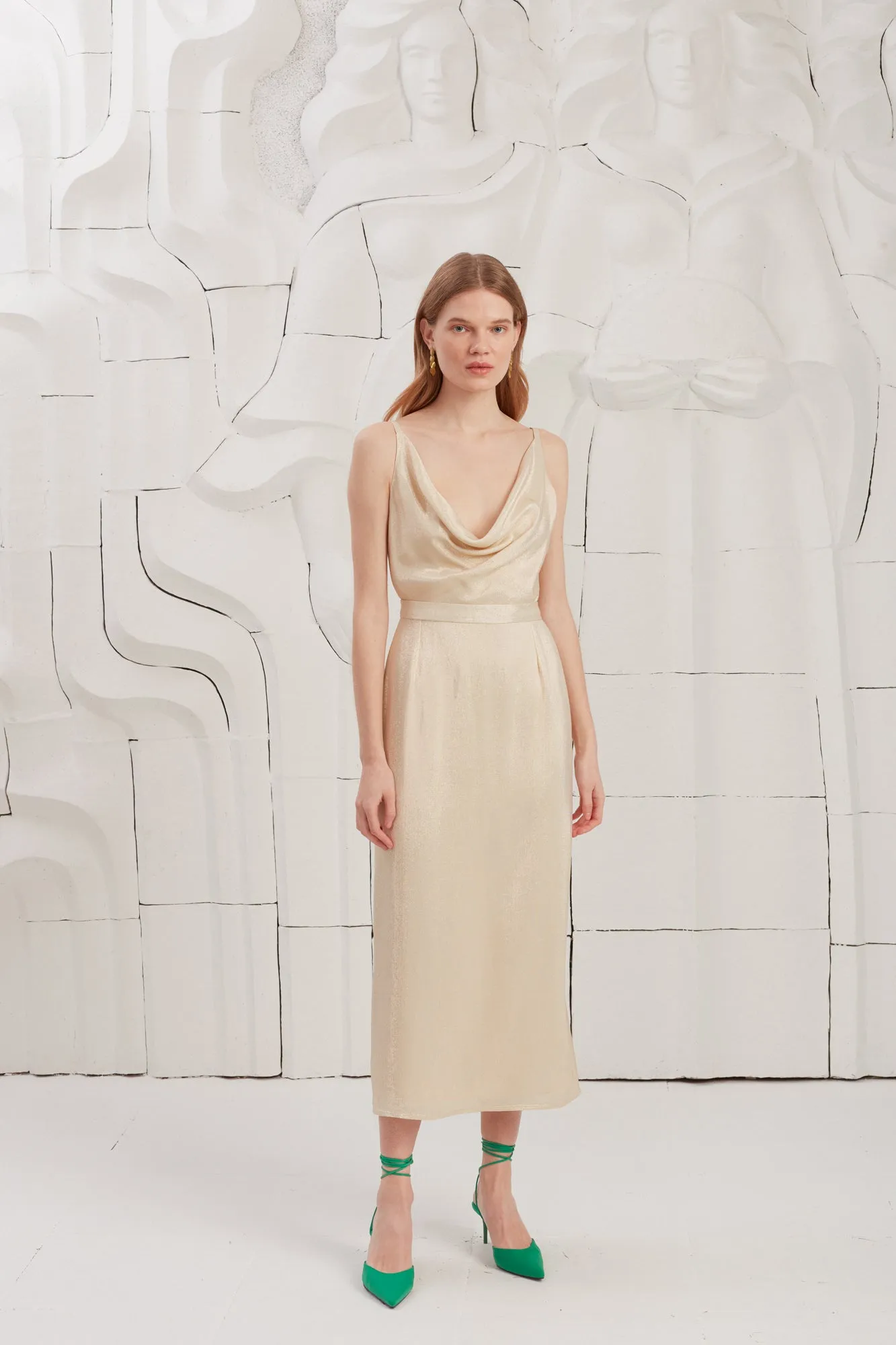 KAMEA beige gold open back midi dress