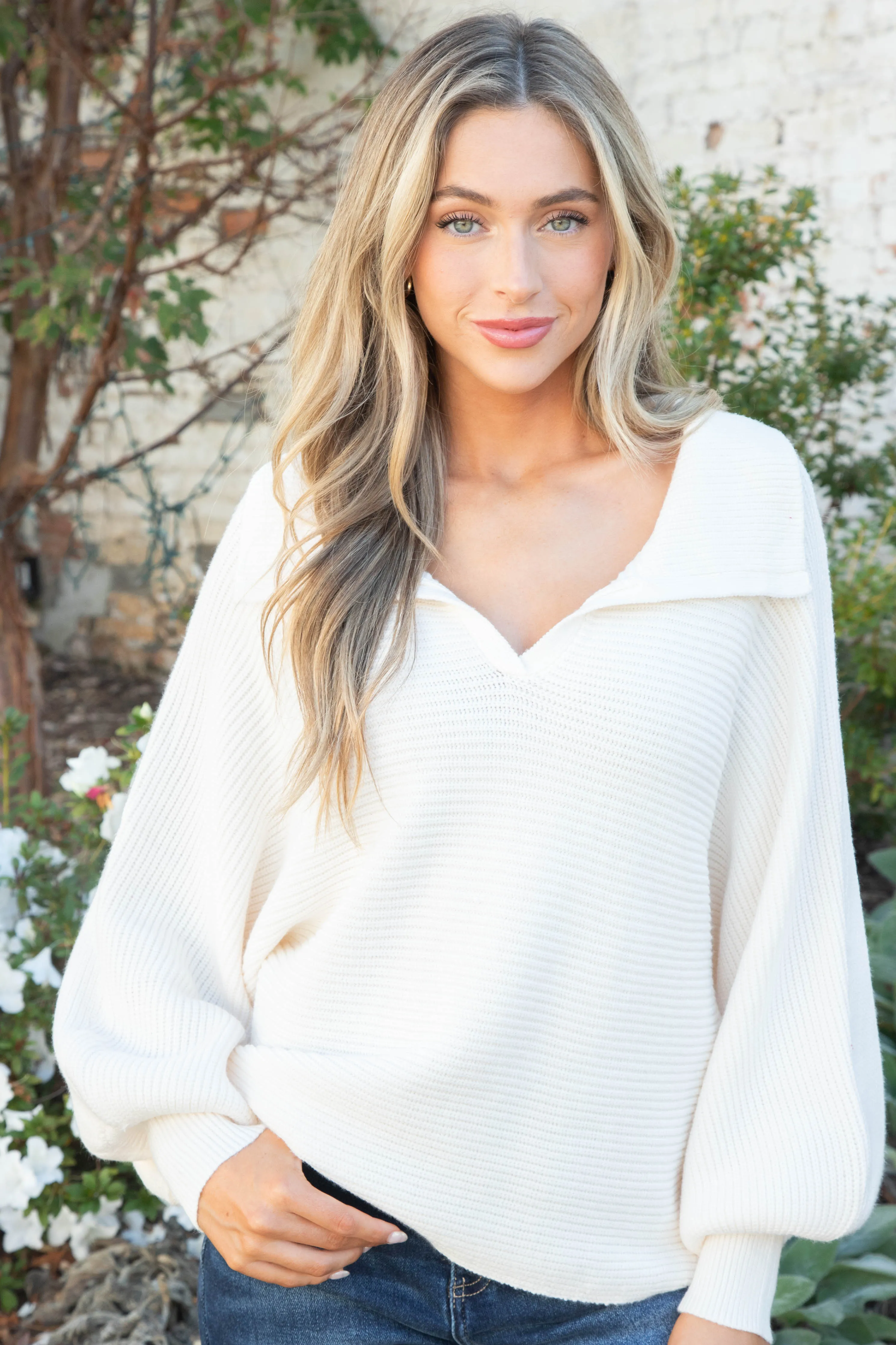 Kelsea Ribbed Dolman Sleeve Sweater, Cream