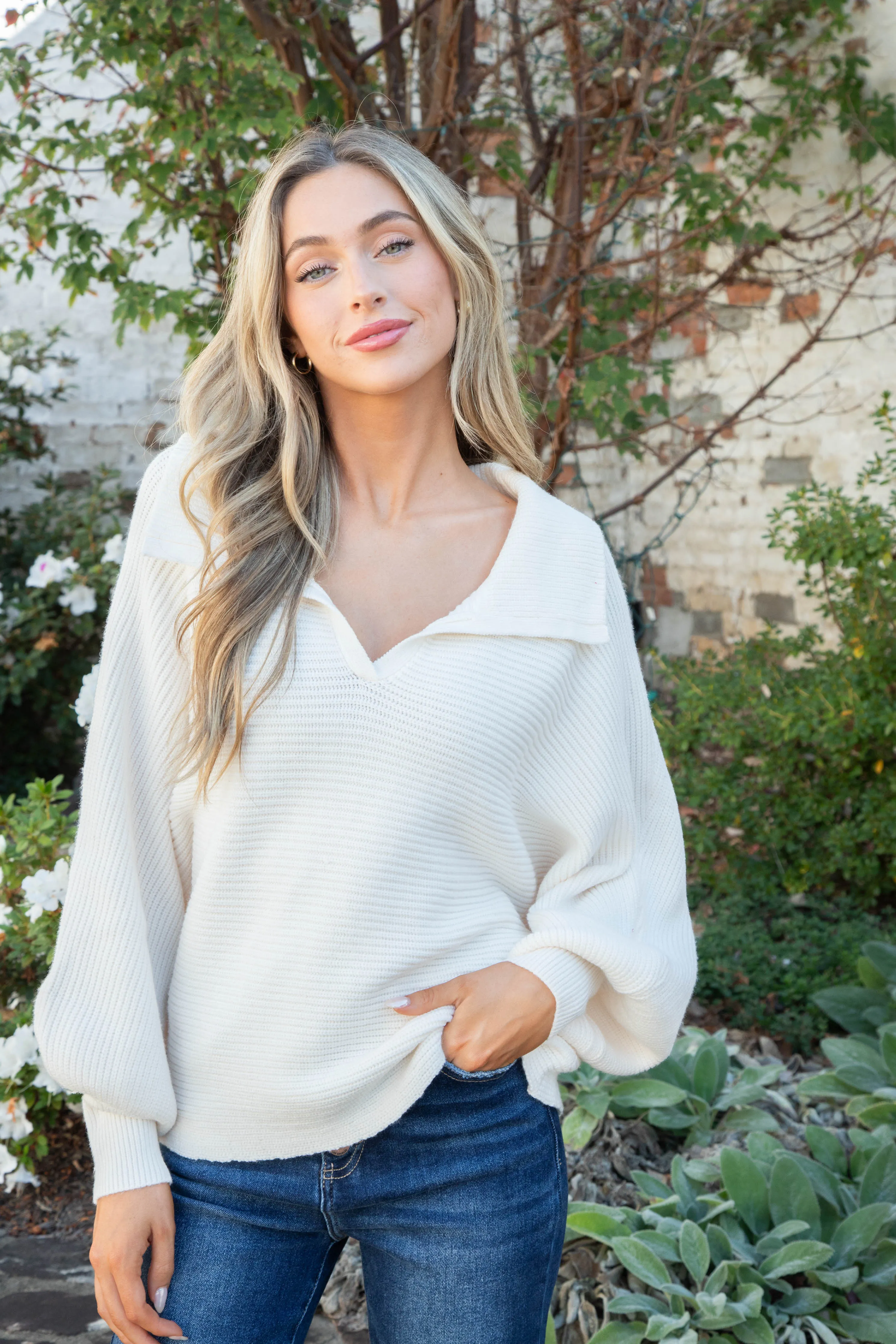 Kelsea Ribbed Dolman Sleeve Sweater, Cream