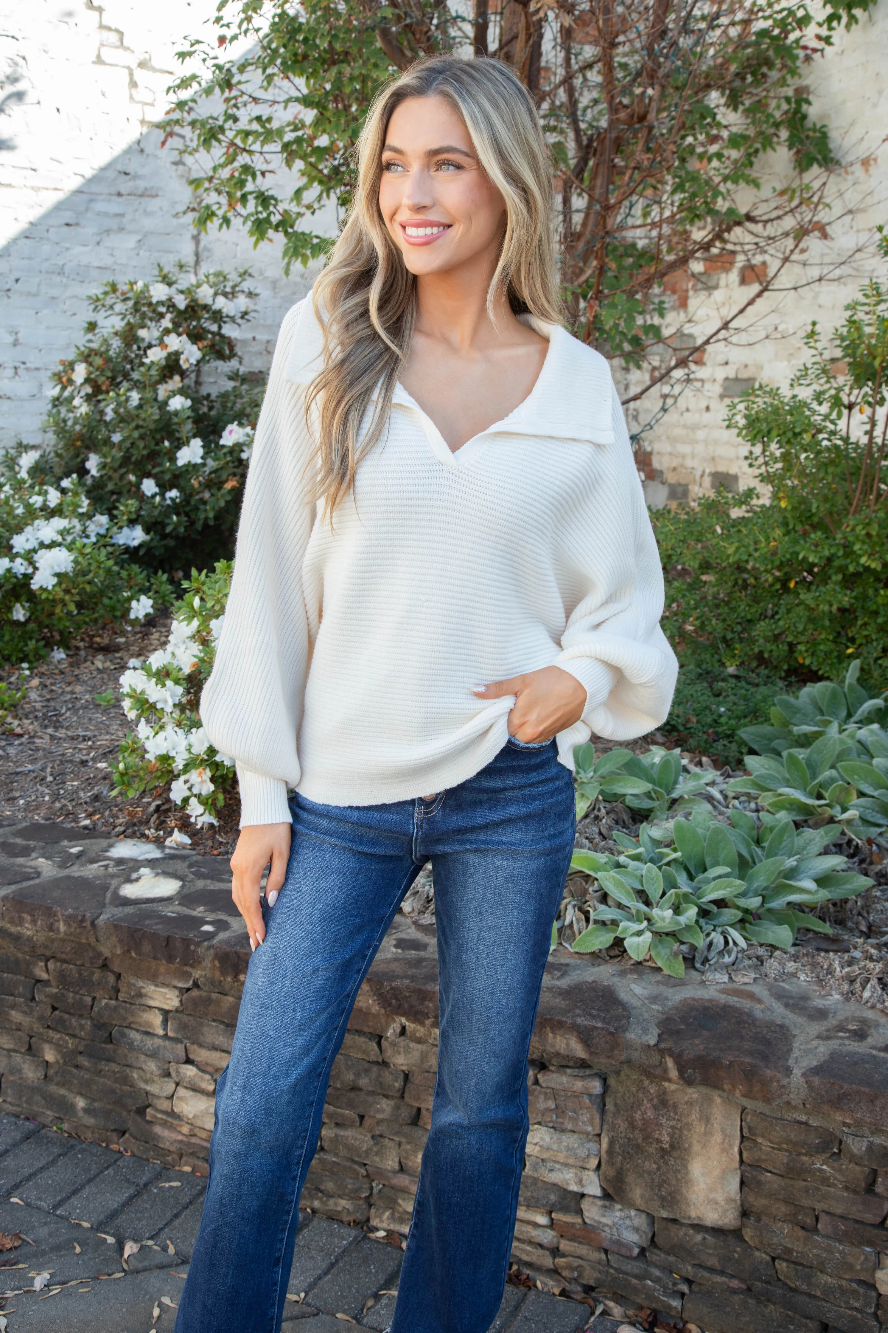 Kelsea Ribbed Dolman Sleeve Sweater, Cream