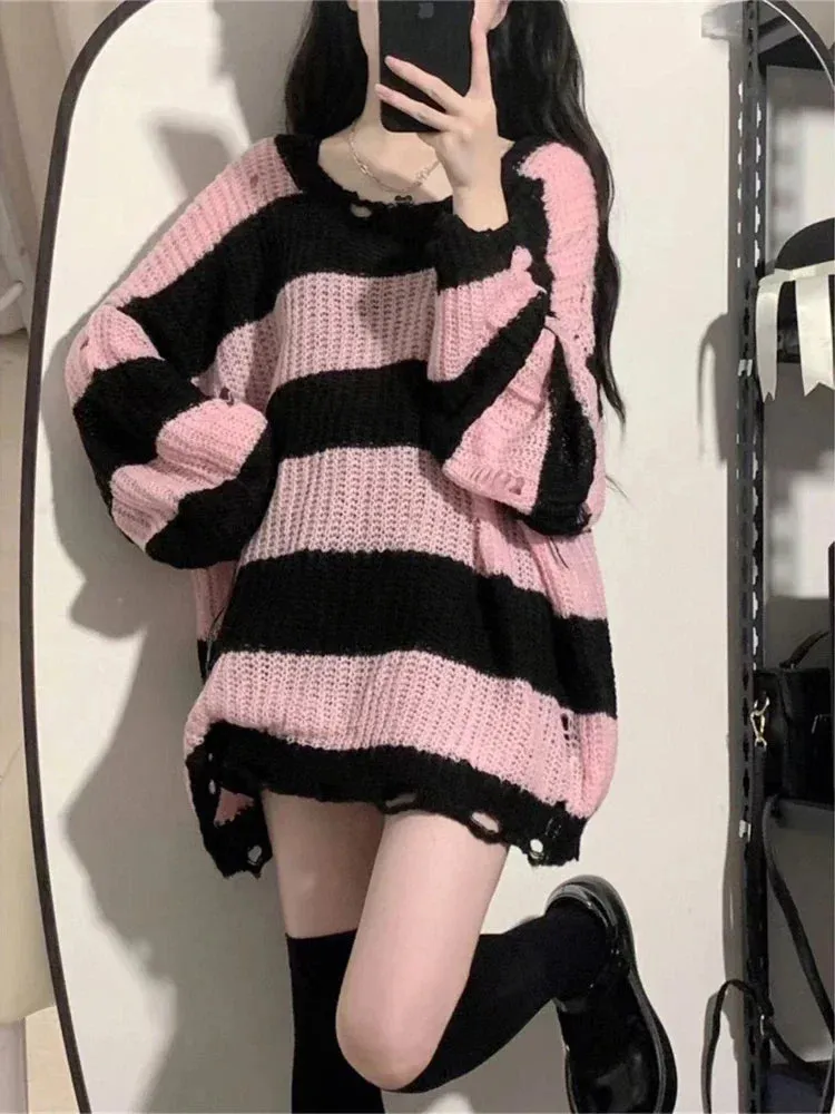 Knitted & Striped Oversized Pullover With Holes