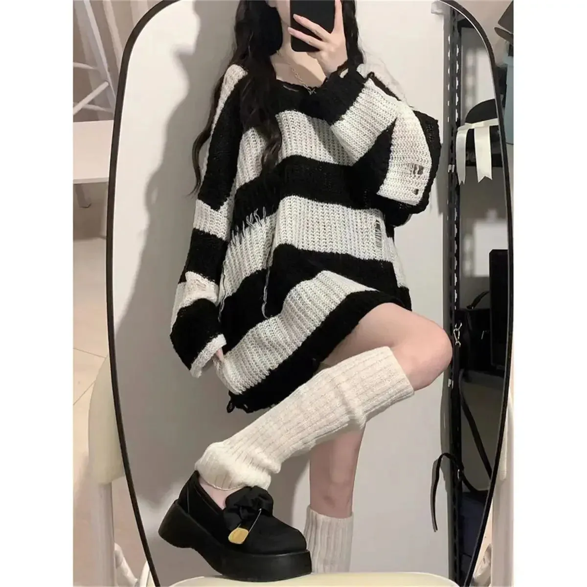 Knitted & Striped Oversized Pullover With Holes