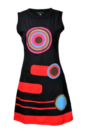 Ladies Sleeveless Dress With Circle Patch Design.