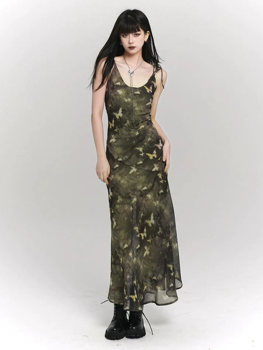 Ladyghost Woodland Whisper Maxi Dress - Women'S Camo-Inspired Butterfly Print Slip Dress