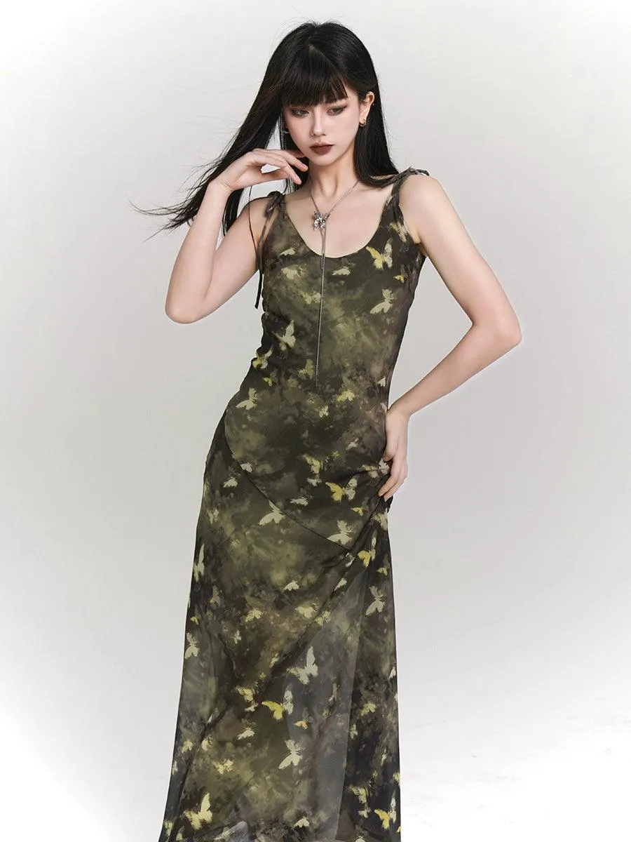 Ladyghost Woodland Whisper Maxi Dress - Women'S Camo-Inspired Butterfly Print Slip Dress