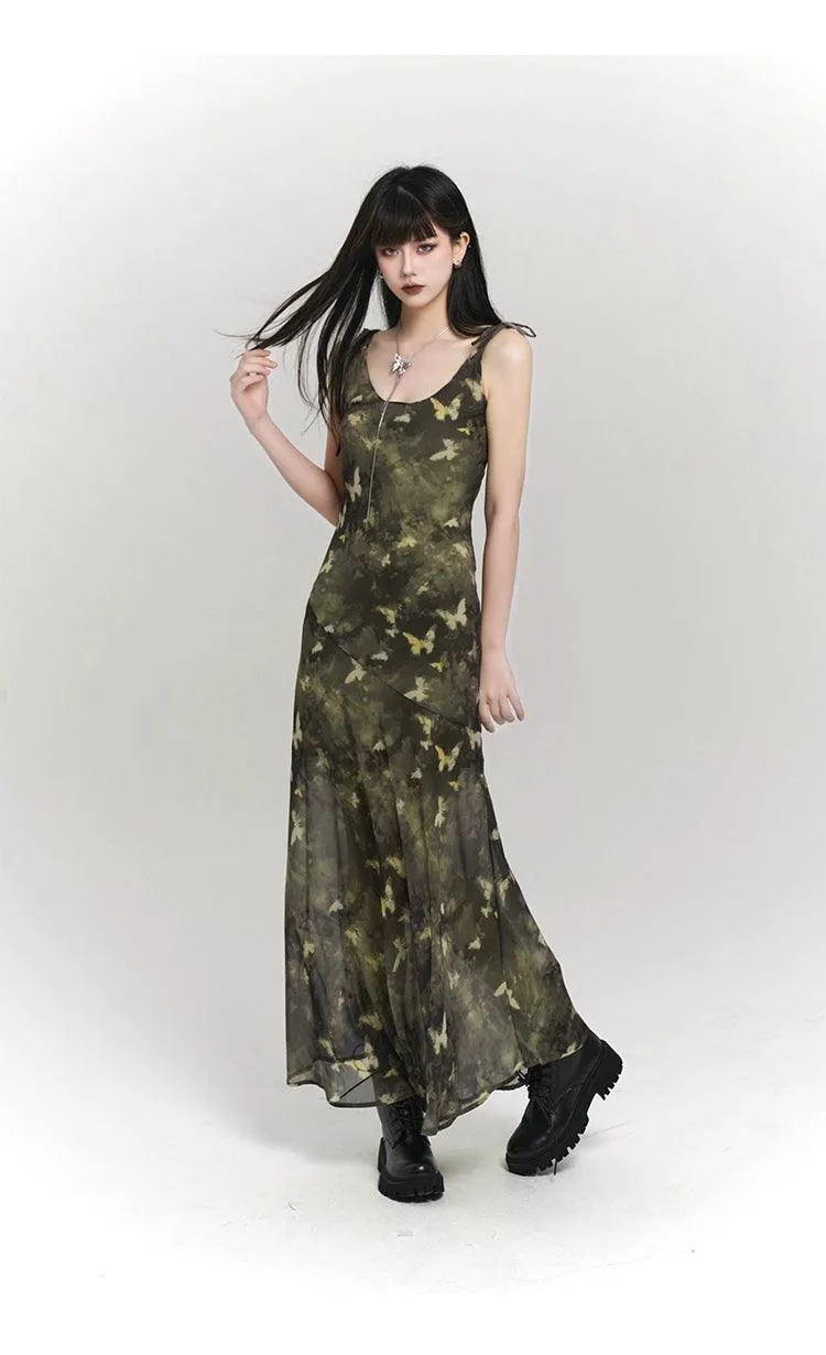 Ladyghost Woodland Whisper Maxi Dress - Women'S Camo-Inspired Butterfly Print Slip Dress