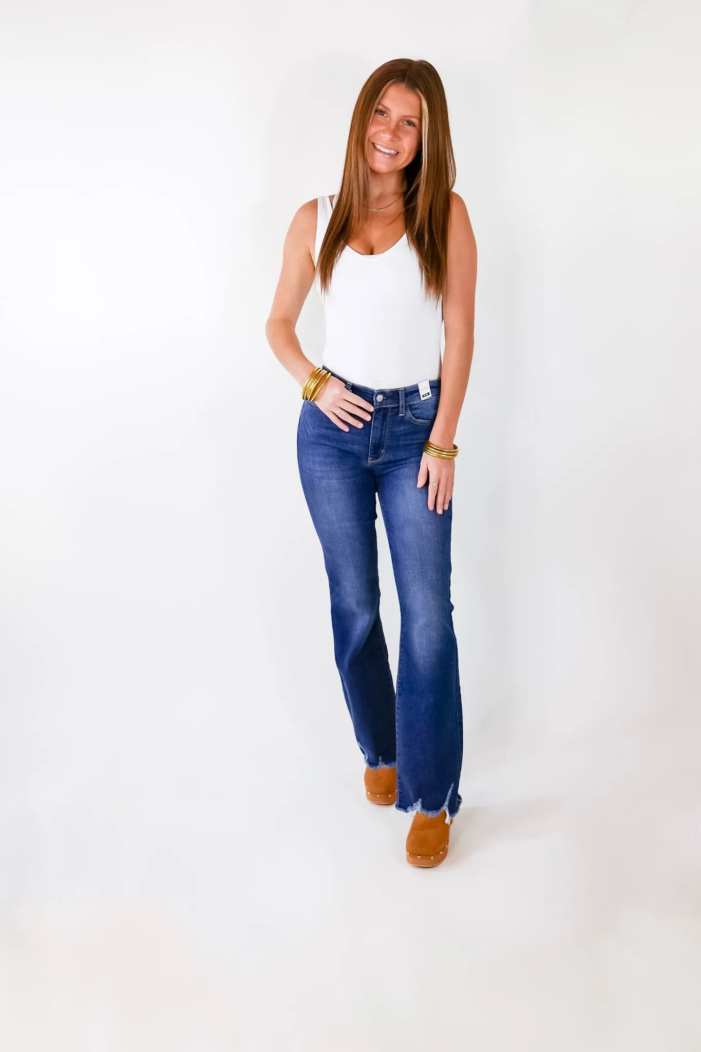 Last Chance Size 0, 22W & 24W | Judy Blue | Meet Your Destiny Distressed Hem Bootcut Jeans in Dark Wash