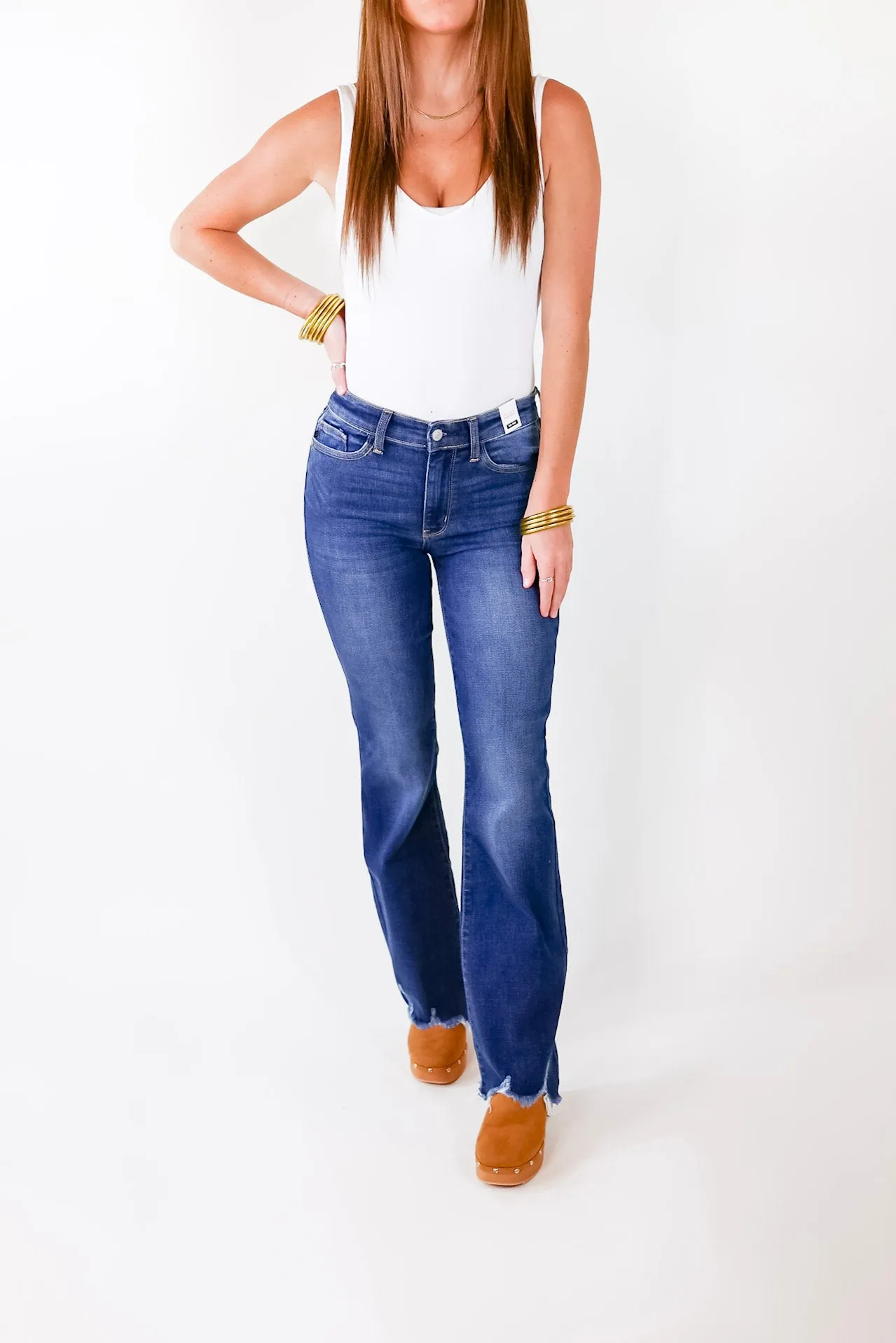 Last Chance Size 0, 22W & 24W | Judy Blue | Meet Your Destiny Distressed Hem Bootcut Jeans in Dark Wash