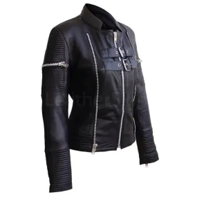 Leather Skin Women Black Brando Quilted Genuine Sheep Skin Leather Jacket