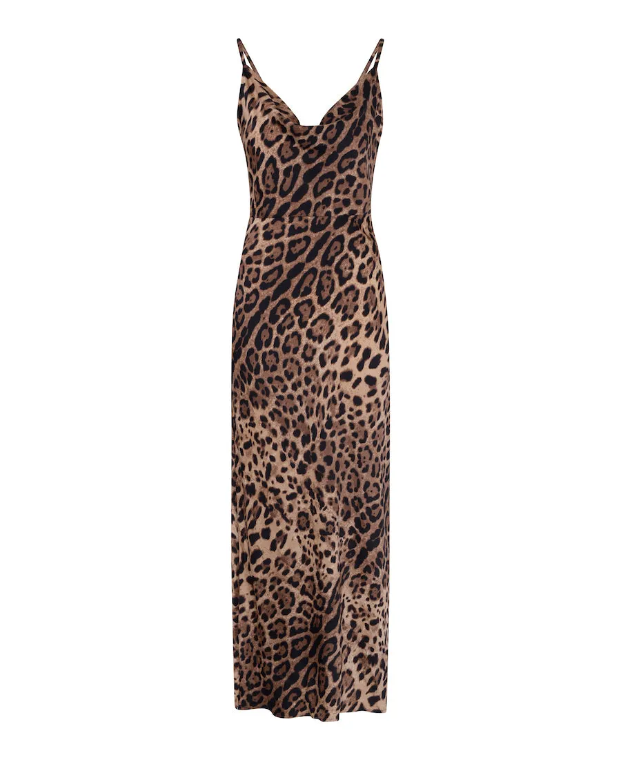 Leopard Cowl Neck Satin Slip Maxi Dress