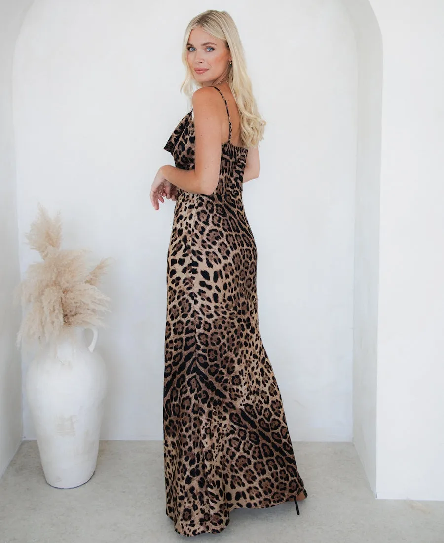 Leopard Cowl Neck Satin Slip Maxi Dress