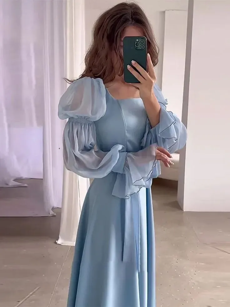 Light Blue Puff Sleeves Long Evening Dress        fg6688