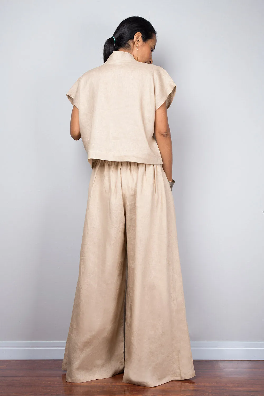 Linen wide leg palazzo pants. High waist women's summer pants