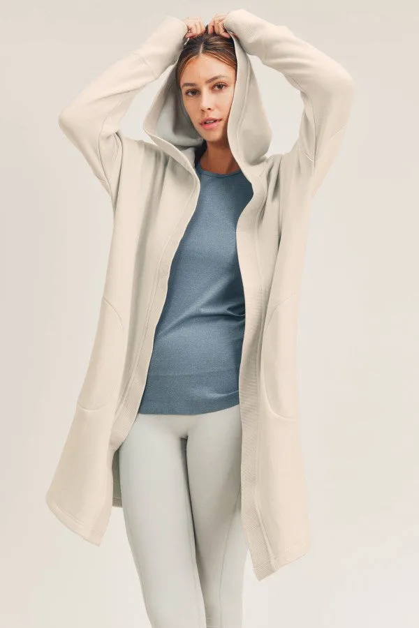 Longline Hoodie Cardigan with Fleece Lining - Stone