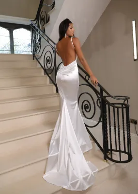 Love Affair Satin Gown with Ruched Back - White